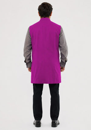 Men wearing a purple vest over a gray shirt on a white background