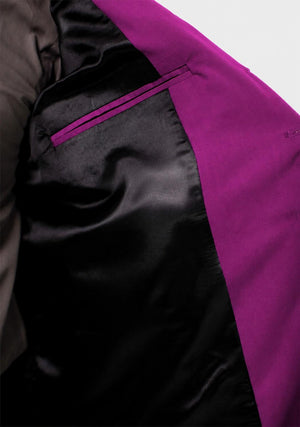 Close-up of a black and purple jacket with a detail.