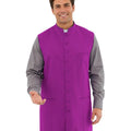 Man wearing a purple vest over a gray shirt on a white background