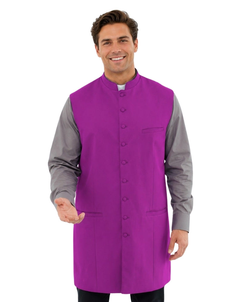 Man wearing a purple vest over a gray shirt on a white background