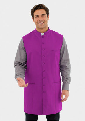 Man wearing a purple vest over a gray shirt on a white background