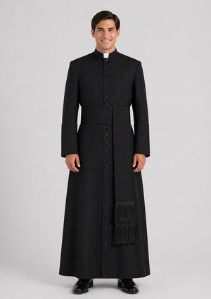 Man wearing a black priest's coat with a white background
