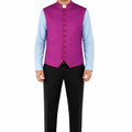 Man wearing a purple vest over a light blue shirt with black pants on a white background