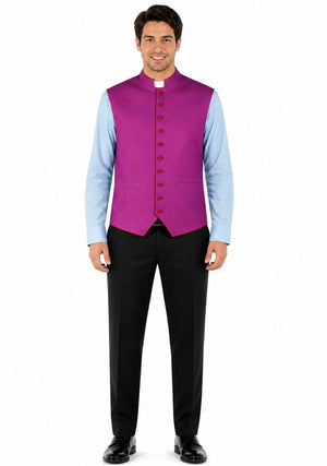 Man wearing a purple vest over a light blue shirt with black pants on a white background