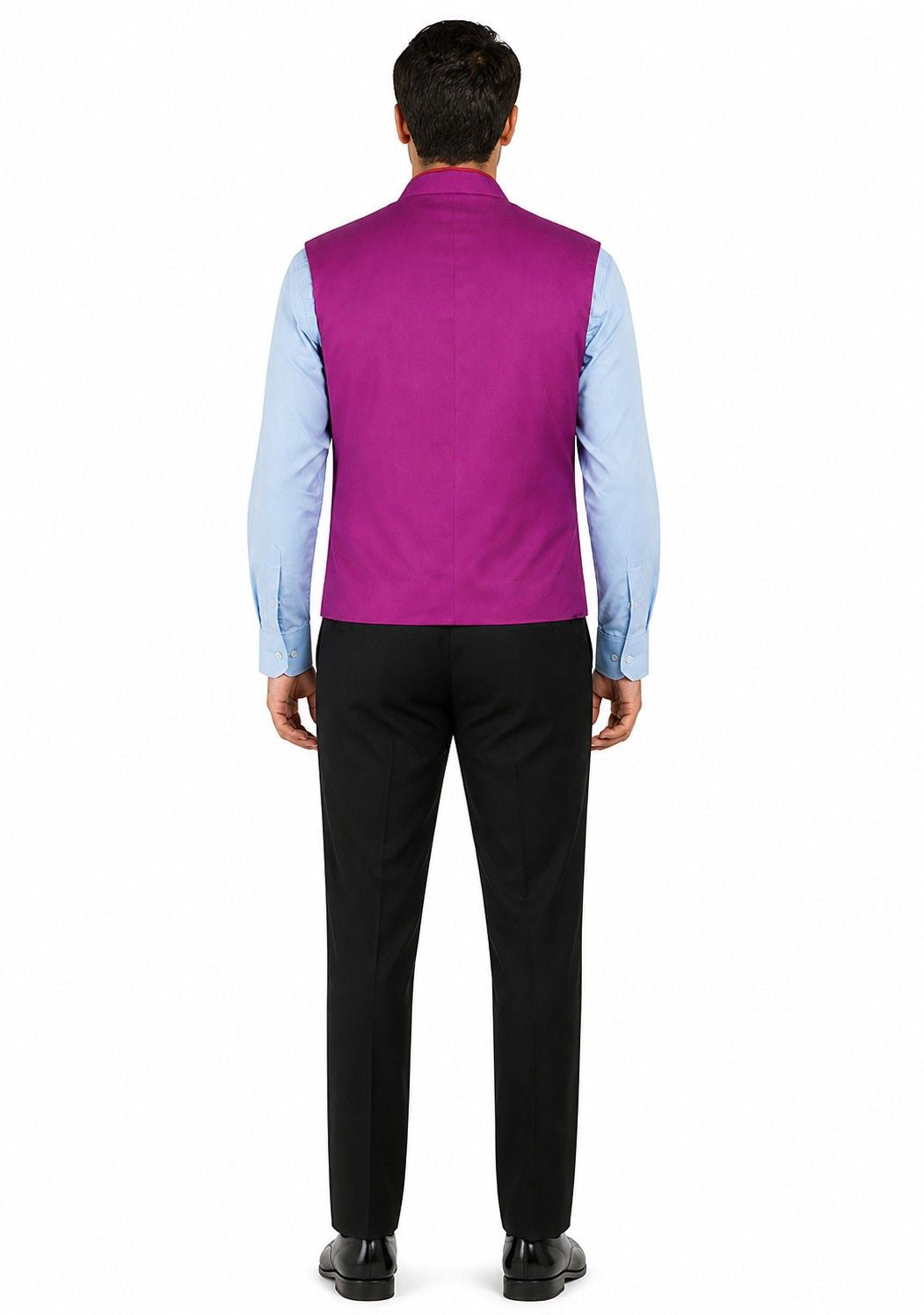 Man wearing a purple vest over a light blue shirt with black pants on a white background