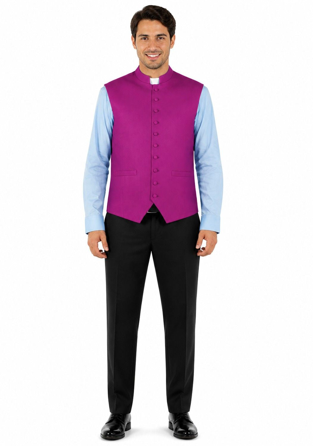 Man wearing a purple vest over a light blue shirt on a white background