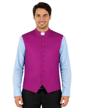 Man wearing a purple vest with purple trim with re trim over a light blue shirt on a white background.