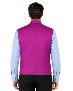 Man wearing a purple vest with purple trim with re trim over a light blue shirt on a white background.