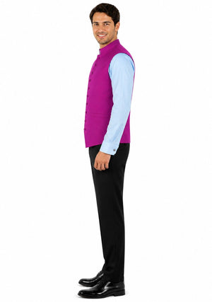 Man wearing a purple vest over a light blue shirt with black pants on a white background