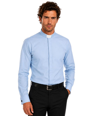Man wearing a light blue long-sleeve shirt with a collar on a white background