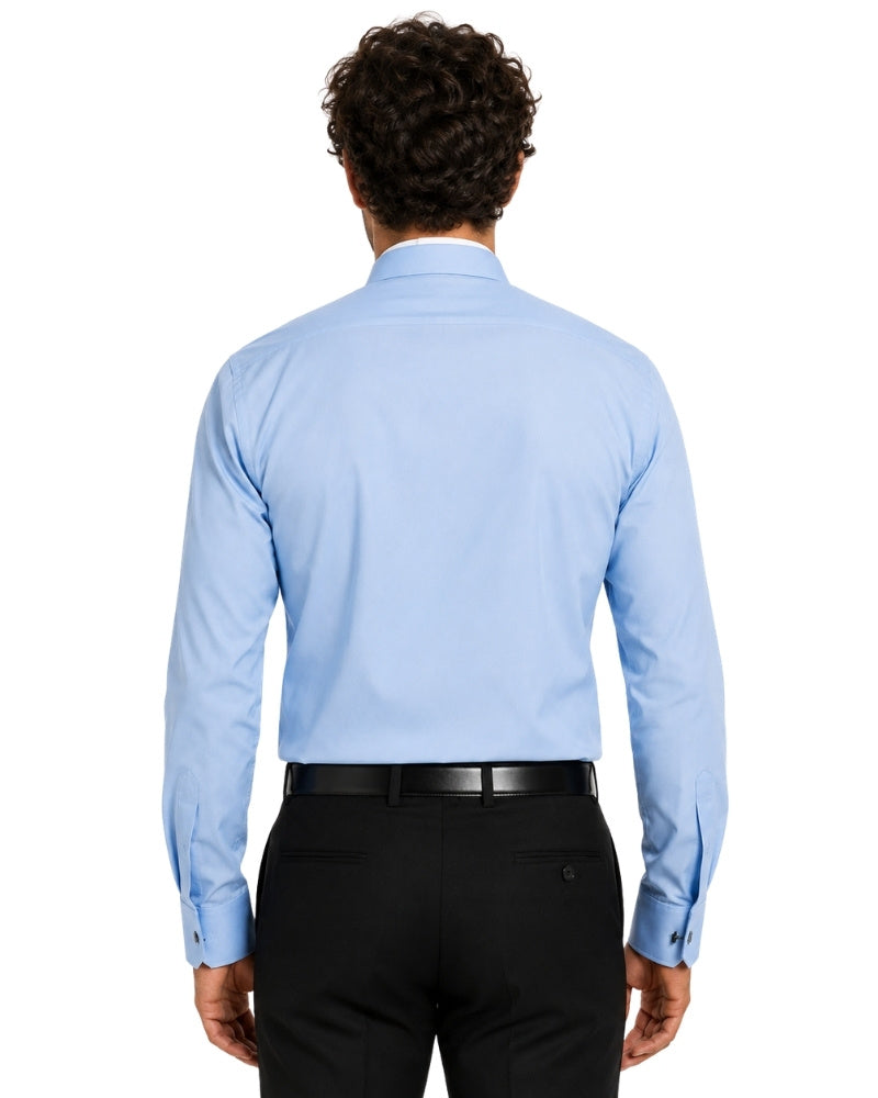 Man wearing a light blue long-sleeve shirt with a collar on a white background