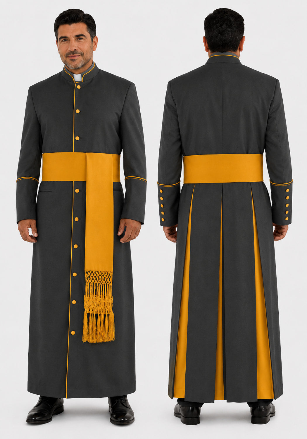 Long dark gray robe with yellow accents worn by a man on a white background