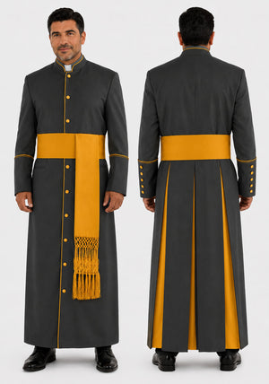 Long dark gray robe with yellow accents worn by a man on a white background