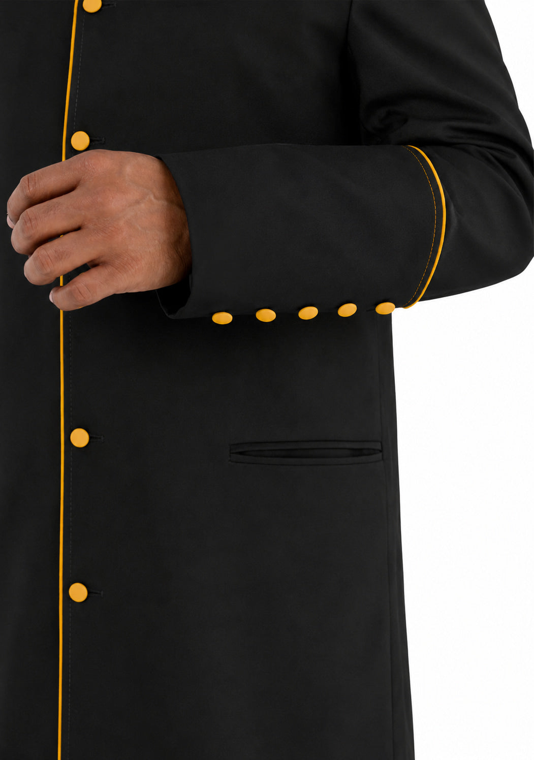 Black robe with yellow buttons on a white background