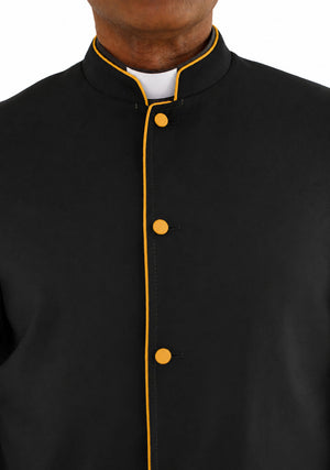 Man wear Black jacket with yellow buttons on a white background