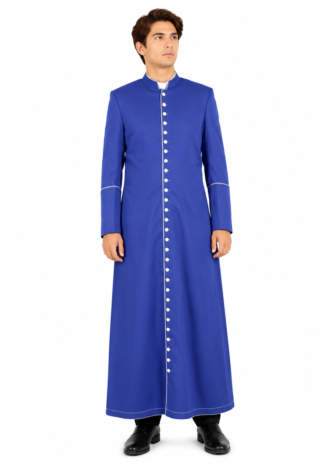Man wearing a long blue robe with white buttons on a white background