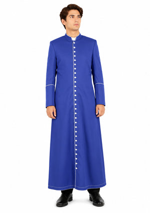 Man wearing a long blue robe with white buttons on a white background