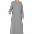 Man wearing a gray priest's robe on a white background