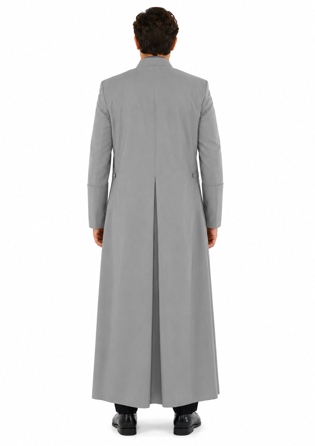 Man wearing a long gray robe on a white background