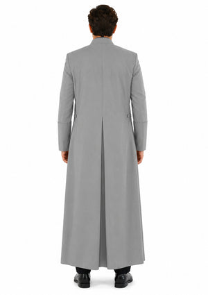 Man wearing a long gray robe on a white background