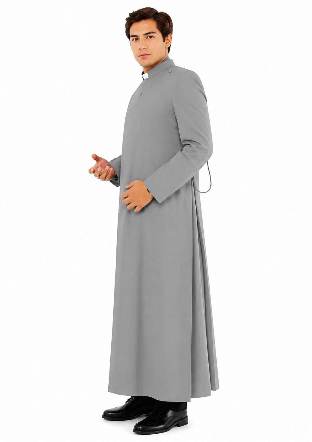 Man wearing a gray priest robe on a white background
