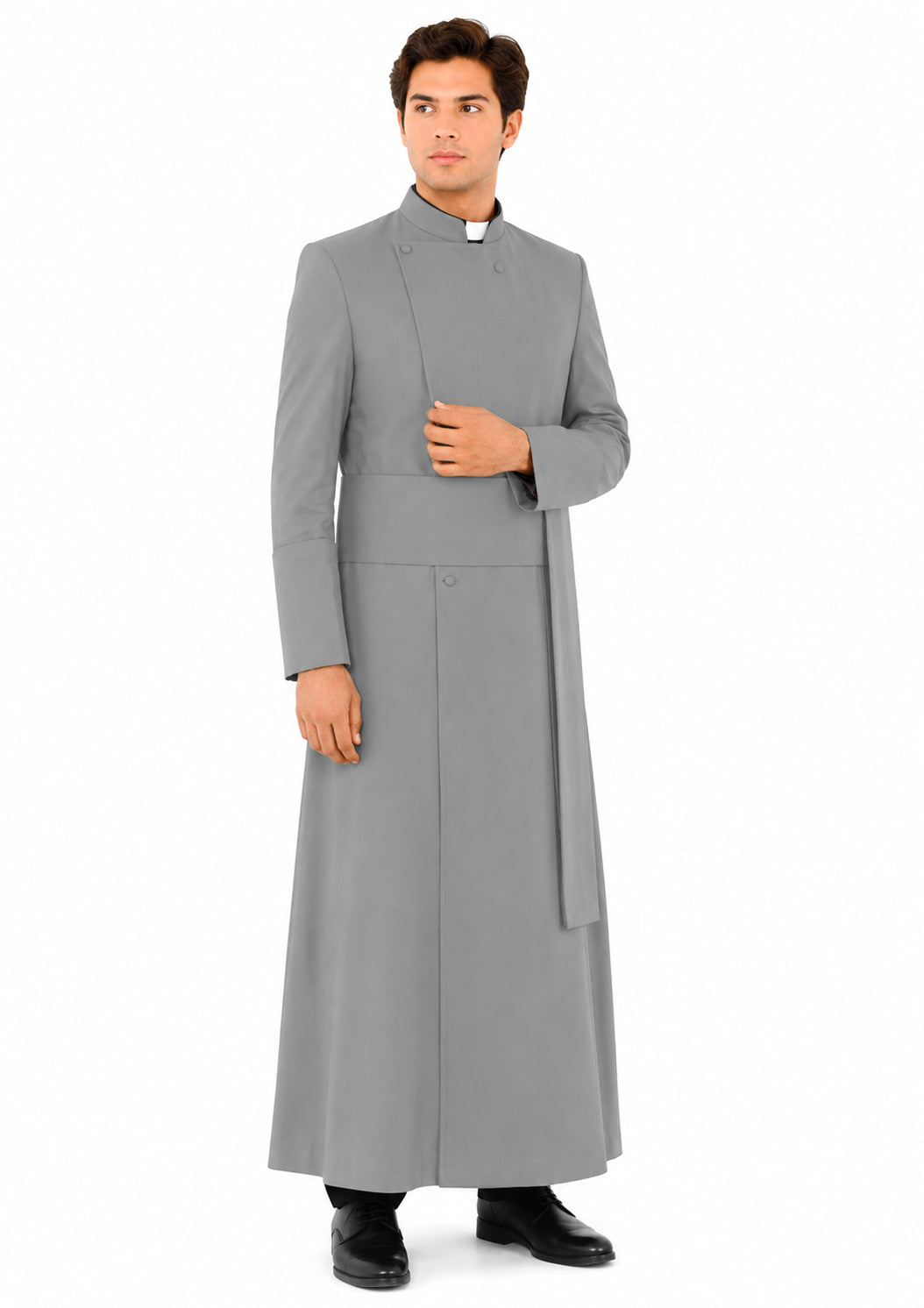 Man wearing a gray clerical robe on a white background
