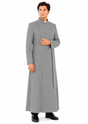 Man wearing a gray clerical robe on a white background