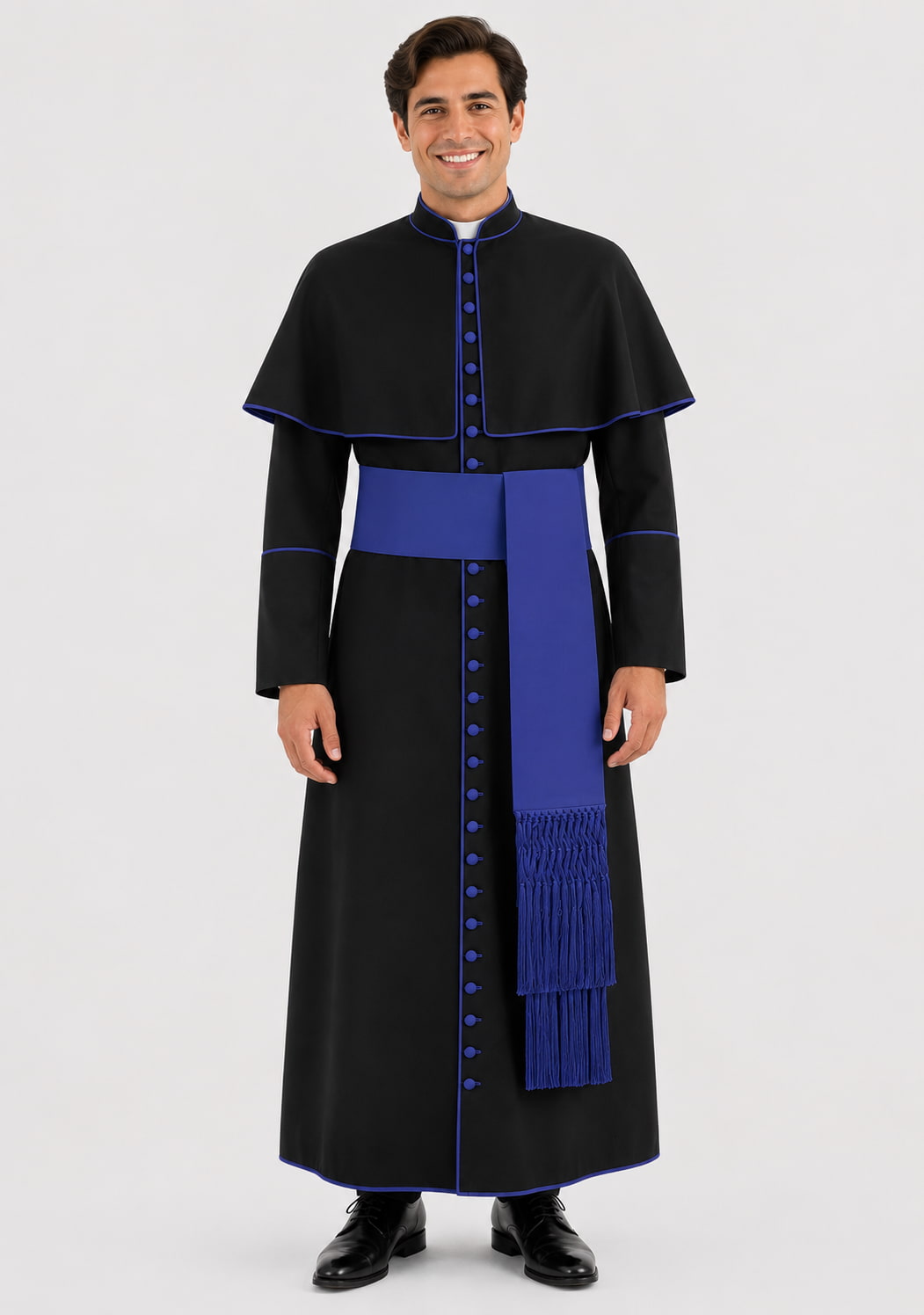 Man wearing a black robe with blue accents on a white background
