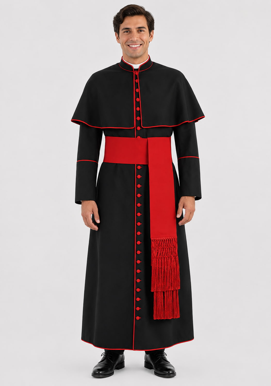 Man wearing a black and red religious robe on a white background