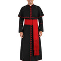 A man modeling a black and red papal or clerical cassock with a red sash and red trim, standing against a plain white background.