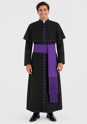 Man wearing a black robe with purple accents on a white background