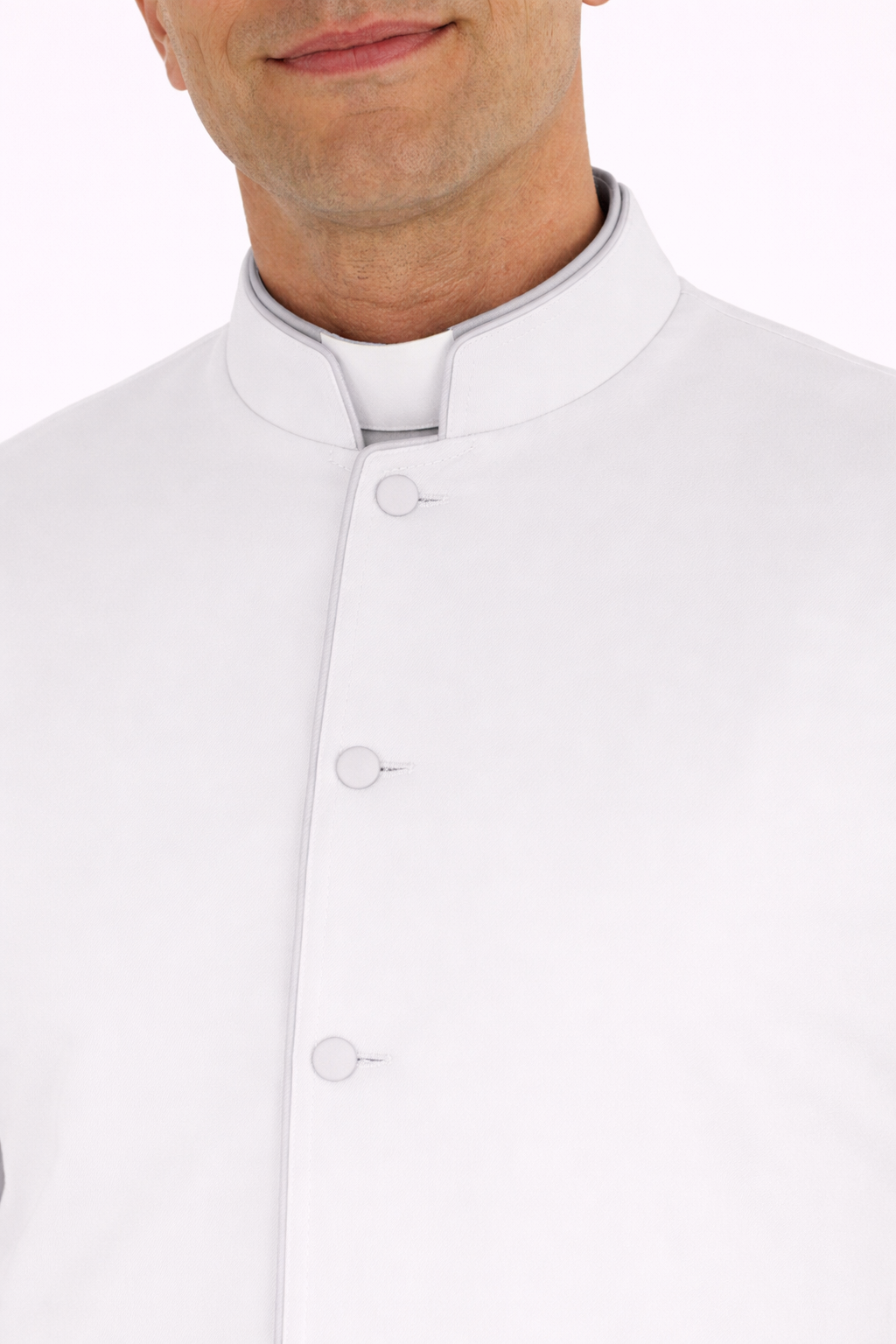 Close-up of a white robe with buttons on a white background