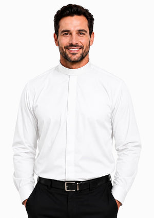 Man wearing a white dress shirt and black pants on a white background