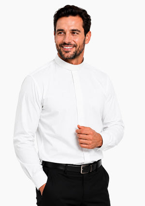 Man wearing a white dress shirt and black pants on a white background