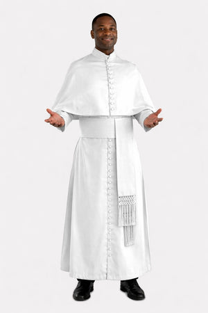 Man wearing a white religious robe with a stole on a white background