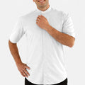 Man wearing a white shirt with a collar on a white background