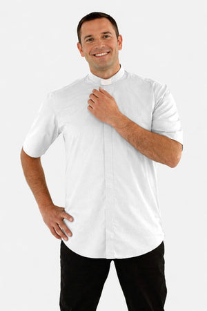 Man wearing a white shirt with a collar on a white background
