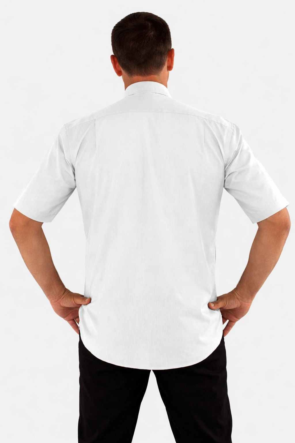 Man wearing a white dress shirt and black pants on a white background