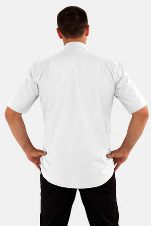 Man wearing a white dress shirt and black pants on a white background
