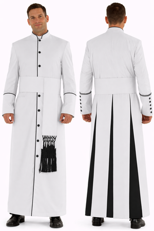 White robe with black accents on a white background