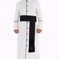 Man wearing a white robe with a black sash on a white background