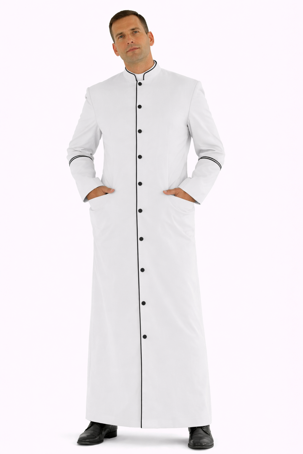 Man wearing a long white robe with black buttons on a white background