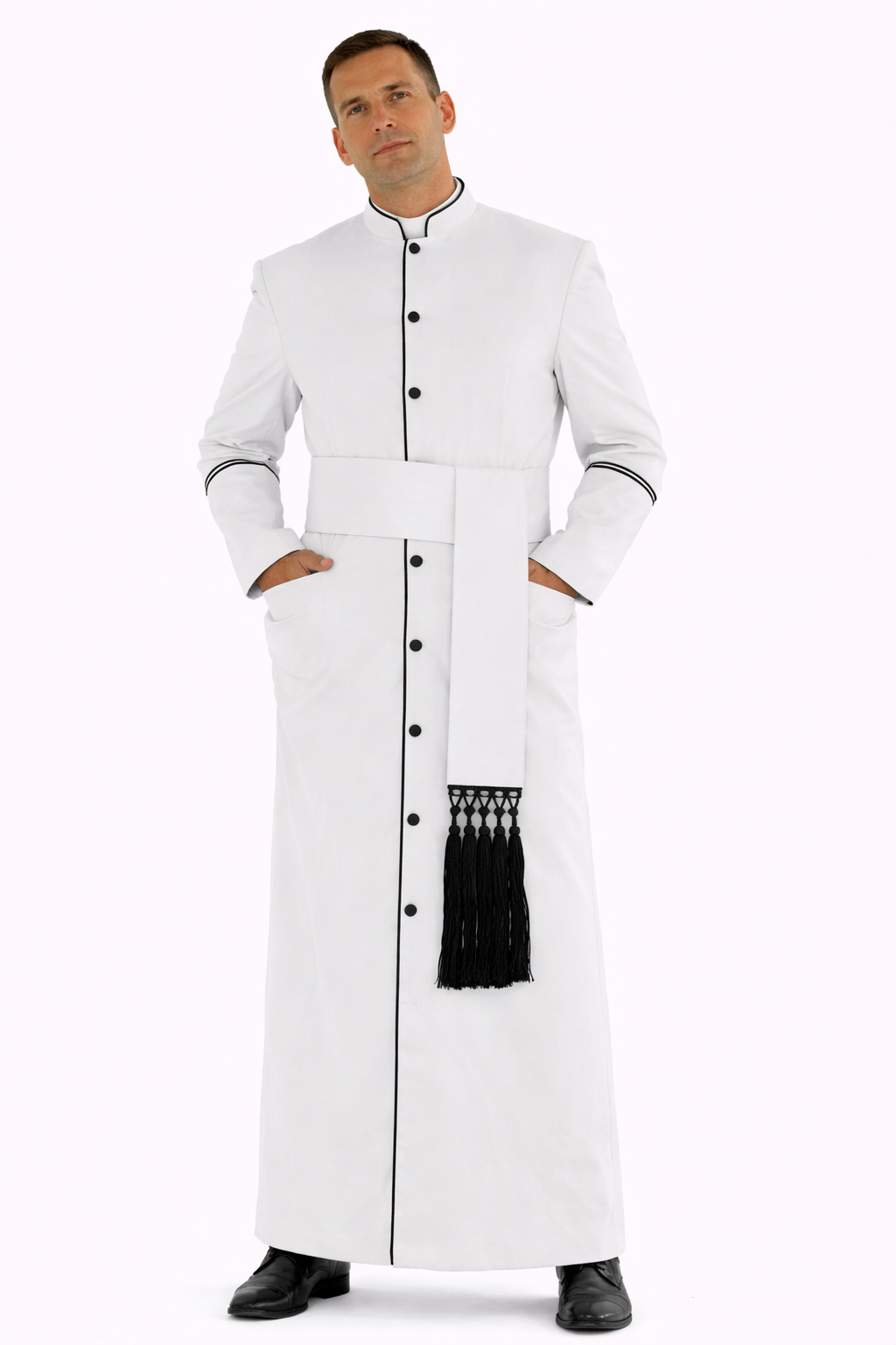 Man wearing a white long robe with black trim on a white background