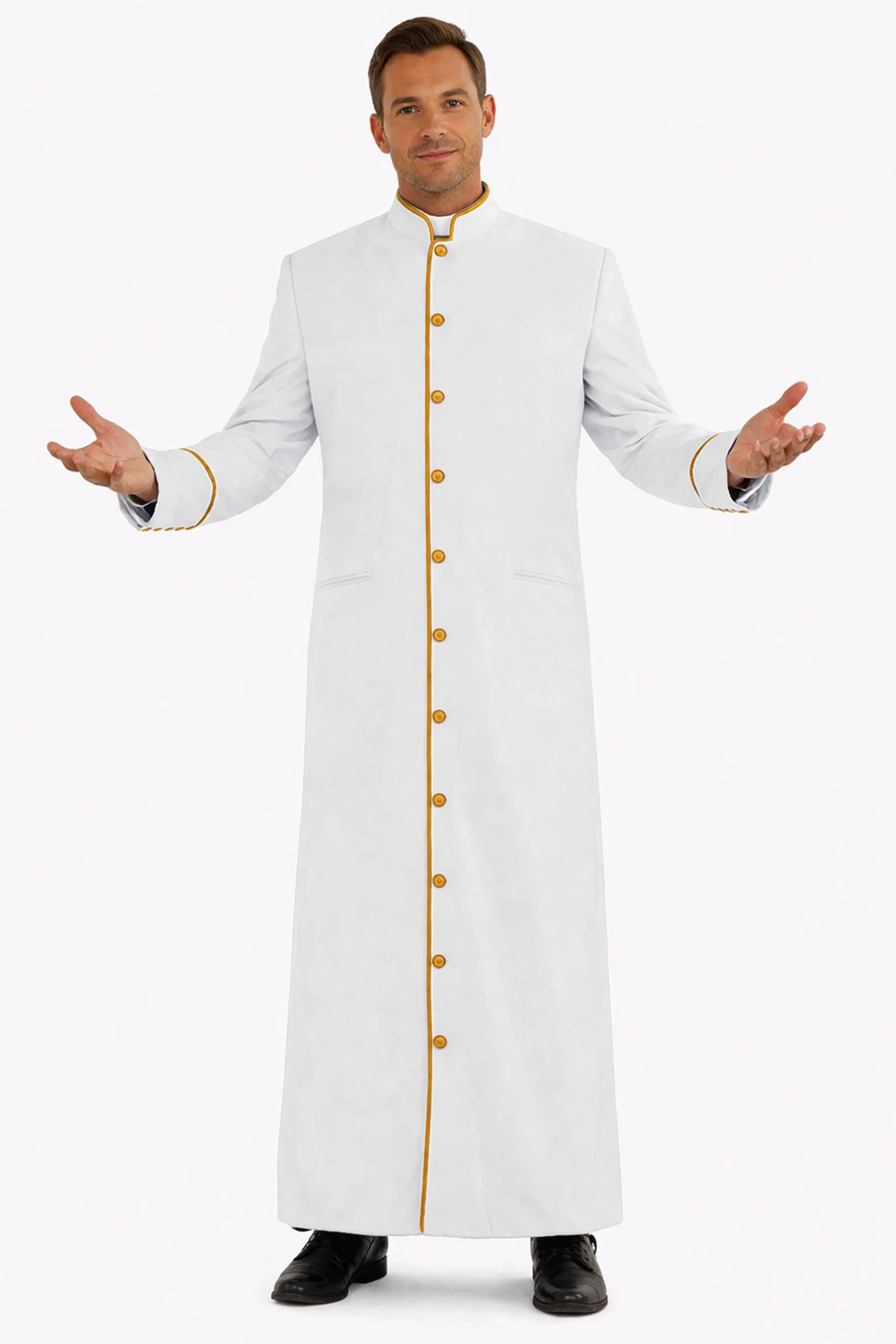 Man wearing a long white robe with gold buttons on a white background