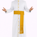 Man wearing a white robe with yellow accents on a white background