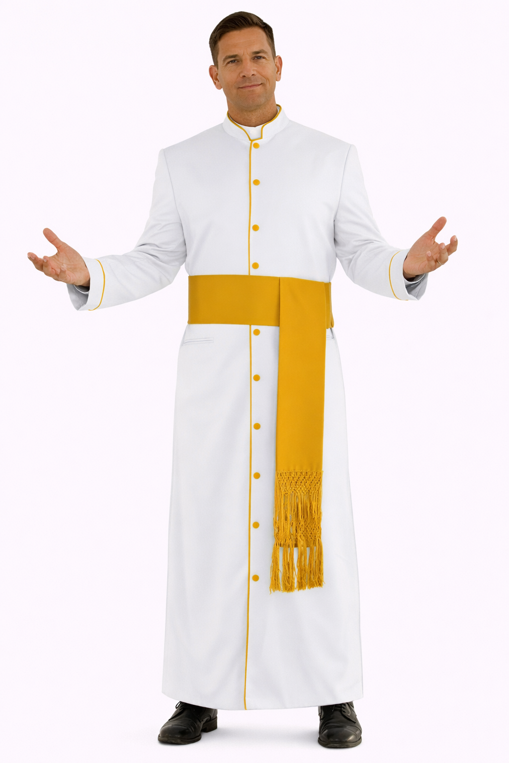 Man wearing a white robe with yellow accents on a white background