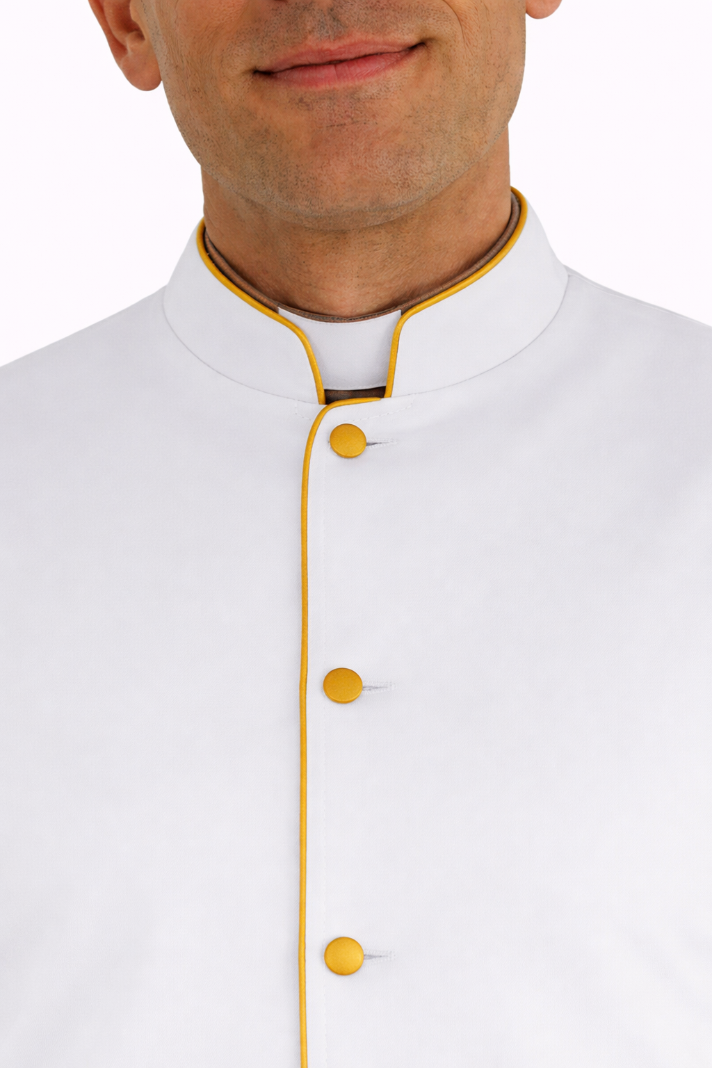 white robe with golden accent neck closeup 