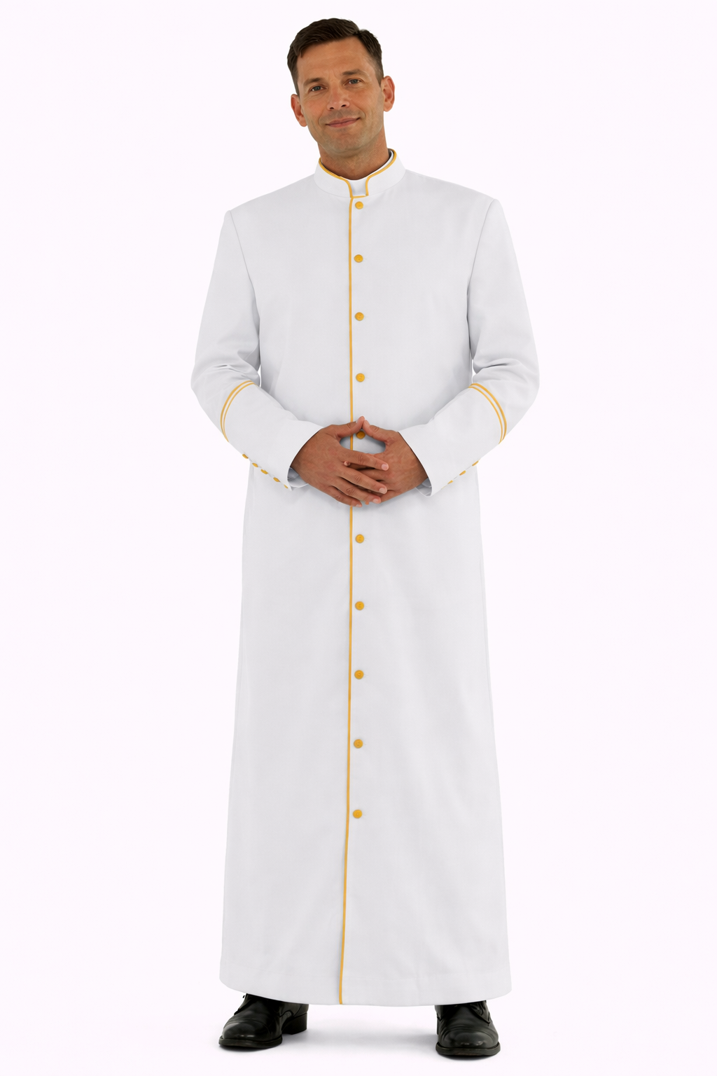 white robe with golden accents on the white back ground 
