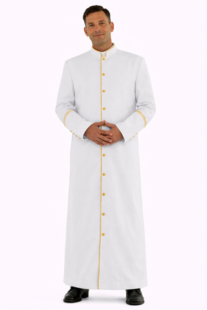 white robe with golden accents on the white back ground 