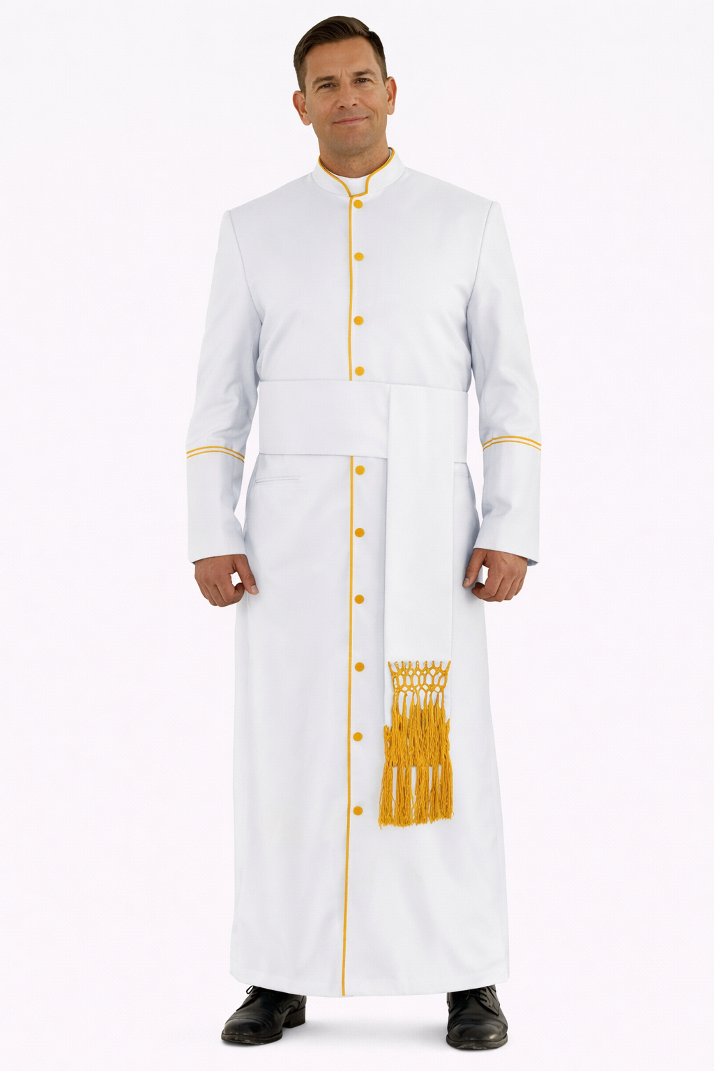 Man wearing a white robe with gold accents on a white background